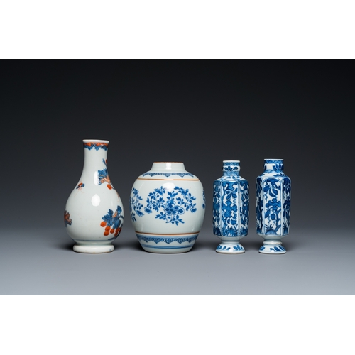 606 - Three Chinese blue and white vases and an Imari-style vase, KangxiH.: 15,5 cm (the tallest)... 