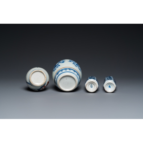 606 - Three Chinese blue and white vases and an Imari-style vase, KangxiH.: 15,5 cm (the tallest)... 