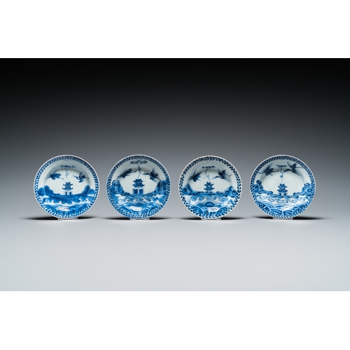 608 - Four Chinese blue and white 'cranes and pagoda' saucers, ex-collection of August the Strong, KangxiD... 