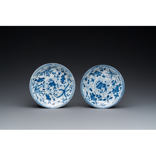 609 - A pair of Chinese blue and white 'carps' cups and saucers, KangxiDia.: 13 cm (the saucer)Dia.: 8,5 c... 