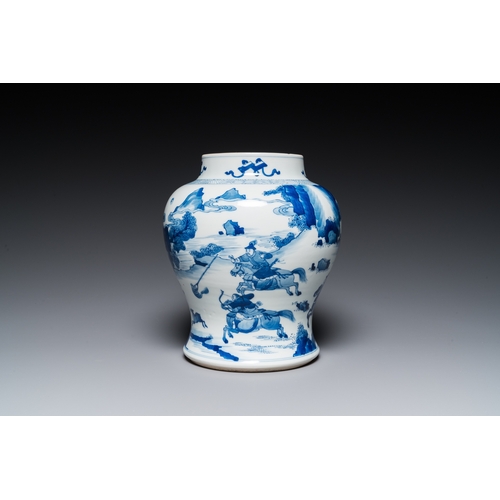 620 - A Chinese blue and white 'Mongolian hunt' jar with wooden cover, KangxiH.: 31,5 cm (incl. the cover)... 