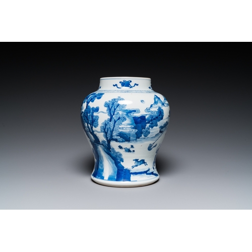 620 - A Chinese blue and white 'Mongolian hunt' jar with wooden cover, KangxiH.: 31,5 cm (incl. the cover)... 