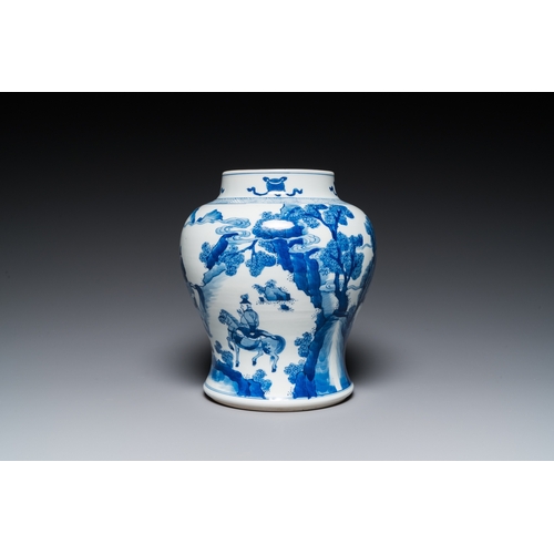 620 - A Chinese blue and white 'Mongolian hunt' jar with wooden cover, KangxiH.: 31,5 cm (incl. the cover)... 