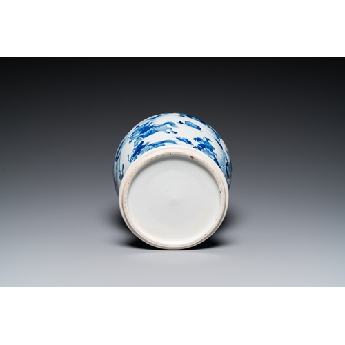 620 - A Chinese blue and white 'Mongolian hunt' jar with wooden cover, KangxiH.: 31,5 cm (incl. the cover)... 