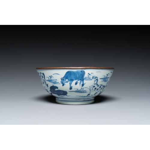 621 - A Chinese blue and white 'Eight horses of Mu Wang' bowl, KangxiDia.: 19 cm - H.: 8,5 cm... 