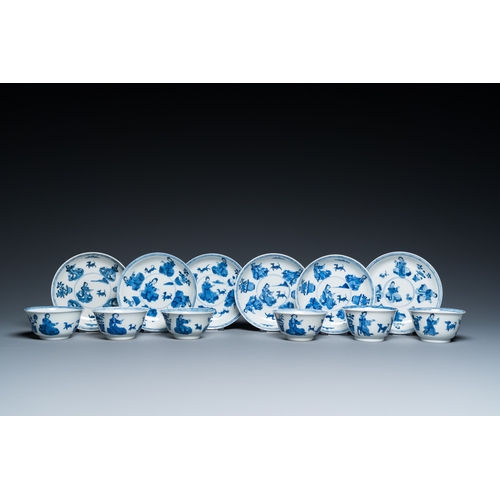 629 - Six Chinese blue and white 'Lady and dog' cups and saucers, KangxiDia.: 13 cm (the saucers)Dia.: 8,5... 