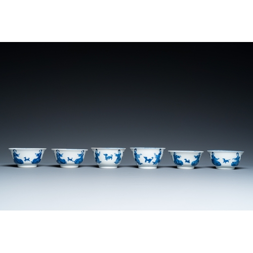 629 - Six Chinese blue and white 'Lady and dog' cups and saucers, KangxiDia.: 13 cm (the saucers)Dia.: 8,5... 