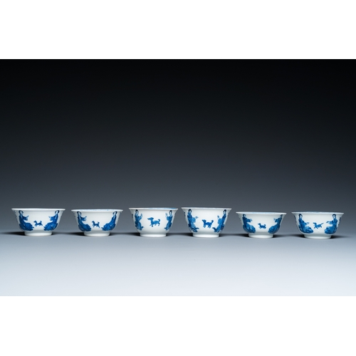 629 - Six Chinese blue and white 'Lady and dog' cups and saucers, KangxiDia.: 13 cm (the saucers)Dia.: 8,5... 