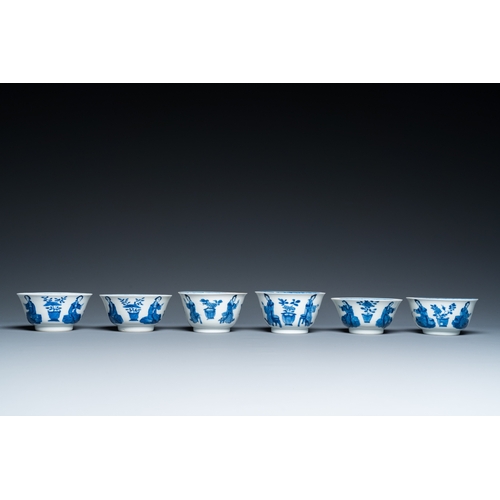 629 - Six Chinese blue and white 'Lady and dog' cups and saucers, KangxiDia.: 13 cm (the saucers)Dia.: 8,5... 