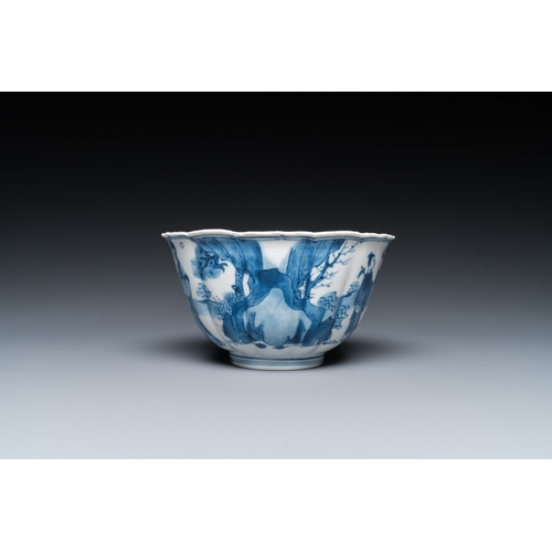 633 - A Chinese blue and white bowl with figures in a landscape, Chenghua mark, KangxiDia.: 13 cm - H.: 7 ... 