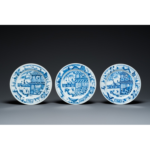 634 - Six Chinese blue and white 'Xi Xiang Ji' dishes, KangxiDia.: 26 cm