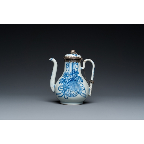 642 - A Chinese blue and white teapot and cover with silver mounts, KangxiH.: 13 cm