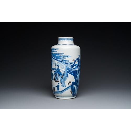 645 - A Chinese blue, white and copper-red 'narrative subject' rouleau vase, KangxiH.: 39 cm... 