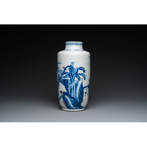 645 - A Chinese blue, white and copper-red 'narrative subject' rouleau vase, KangxiH.: 39 cm... 