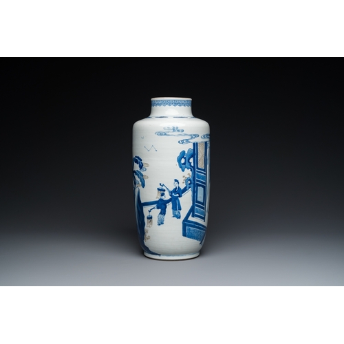 645 - A Chinese blue, white and copper-red 'narrative subject' rouleau vase, KangxiH.: 39 cm... 