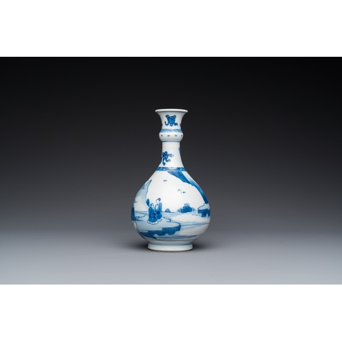 648 - A Chinese blue and white bottle vase with figures in a landscape, KangxiH.: 19 cm