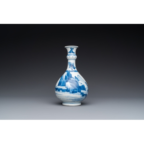 648 - A Chinese blue and white bottle vase with figures in a landscape, KangxiH.: 19 cm