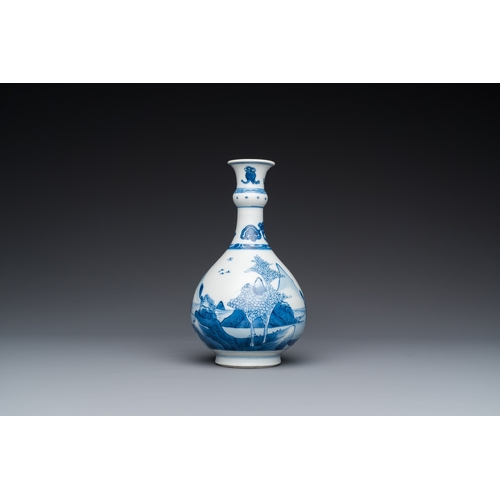 648 - A Chinese blue and white bottle vase with figures in a landscape, KangxiH.: 19 cm