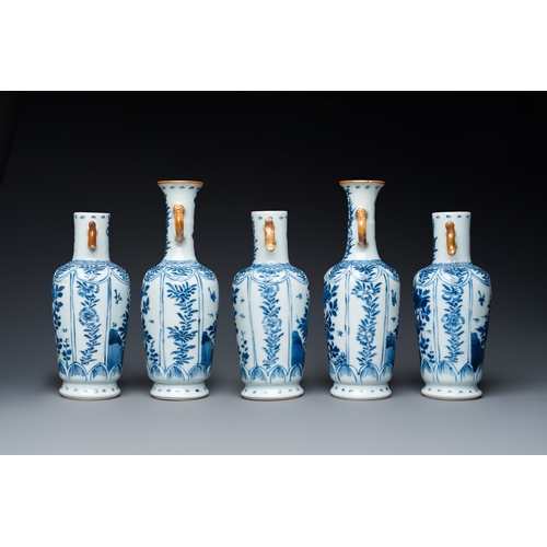 650 - A Chinese blue and white garniture of five vases with floral design, KangxiH.: 18 cm (the tallest)... 