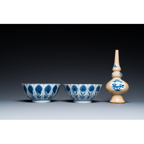 654 - Two Chinese blue and white bowls, a small plate and a cafe-au-lait ground sprinkler, KangxiH.: 20 cm... 