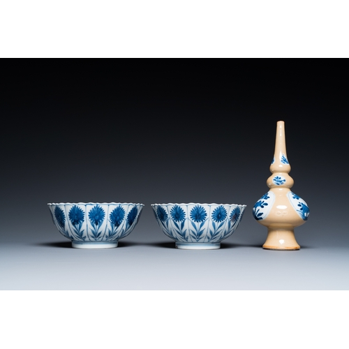 654 - Two Chinese blue and white bowls, a small plate and a cafe-au-lait ground sprinkler, KangxiH.: 20 cm... 