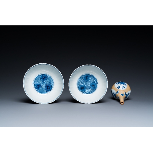 654 - Two Chinese blue and white bowls, a small plate and a cafe-au-lait ground sprinkler, KangxiH.: 20 cm... 