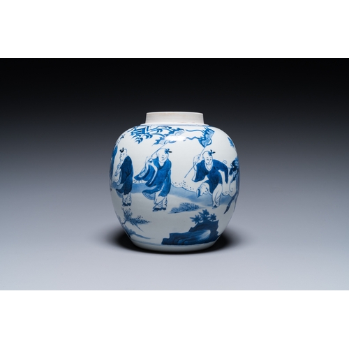 655 - A Chinese blue and white ginger jar with playing boys with a qilin, KangxiH.: 19,5 cm (incl. cover)H... 