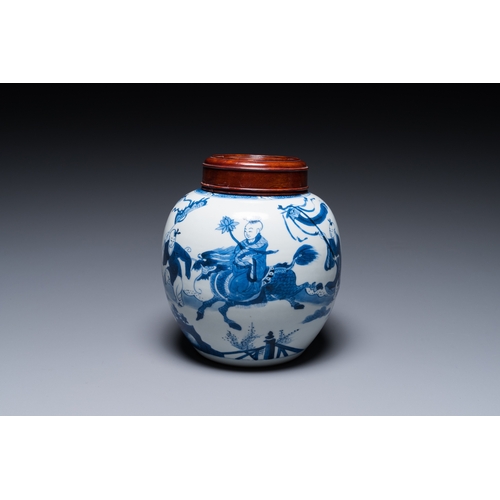 655 - A Chinese blue and white ginger jar with playing boys with a qilin, KangxiH.: 19,5 cm (incl. cover)H... 