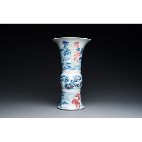 662 - A Chinese blue, white, celadon and copper-red 'yenyen' vase, Kangxi mark, QingH.: 40,5 cm... 