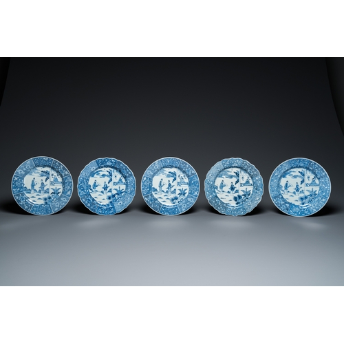 677 - Five Chinese blue and white 'Xi Xiang Ji' plates, QianlongDia.: 23 cm