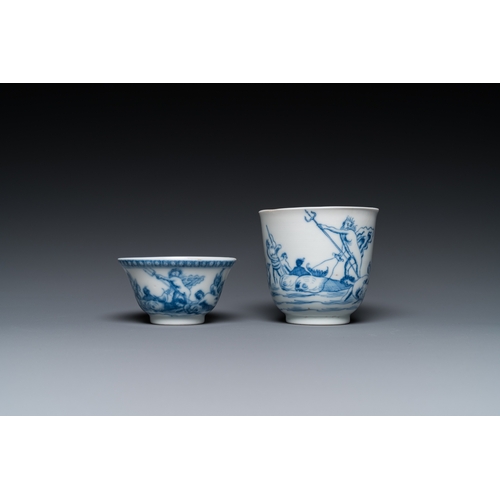 683 - Two Chinese blue and white mythological subject cups and saucers with Neptune, QianlongDia.: 14,5 cm... 