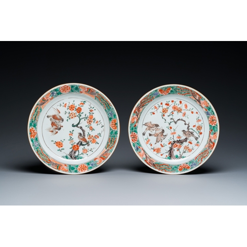 705 - Two Chinese famille verte âmagpie and prunusâ dishes, KangxiDia.: 24 cm