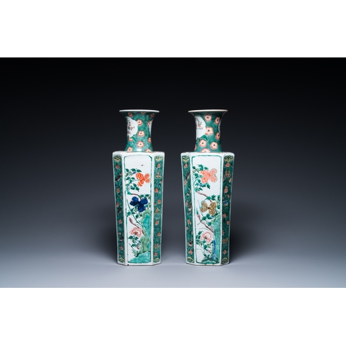 719 - A pair of Chinese hexagonal famille verte vases with floral panels, KangxiH.: 48 cm