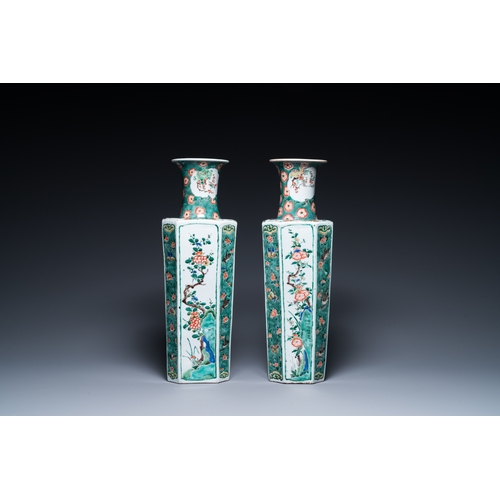 719 - A pair of Chinese hexagonal famille verte vases with floral panels, KangxiH.: 48 cm