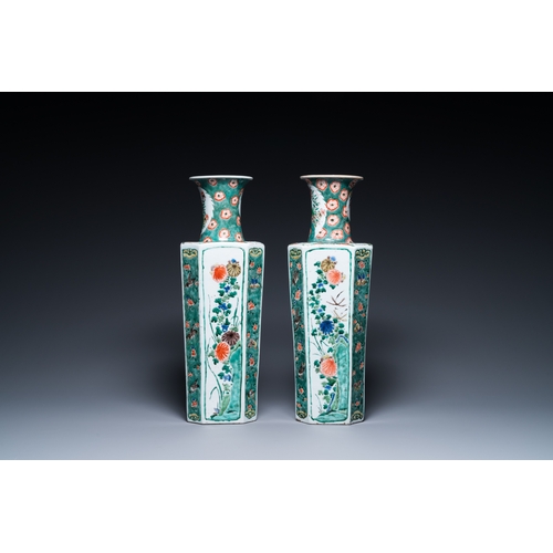 719 - A pair of Chinese hexagonal famille verte vases with floral panels, KangxiH.: 48 cm