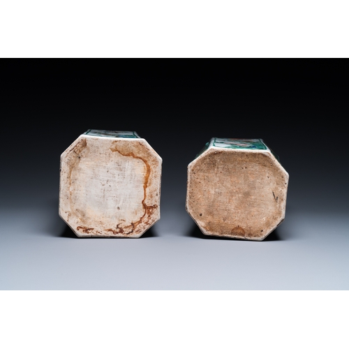 719 - A pair of Chinese hexagonal famille verte vases with floral panels, KangxiH.: 48 cm