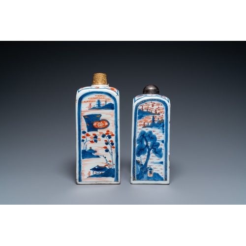 729 - Two Chinese Imari-style square bottles with metal mounts, KangxiH.: 26 cm (the tallest)... 