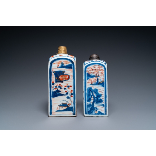 729 - Two Chinese Imari-style square bottles with metal mounts, KangxiH.: 26 cm (the tallest)... 