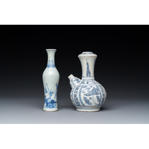 742 - A Chinese blue and white kendi and a small vase, Hatcher Cargo, Transitional periodH.: 14 cm (the ta... 