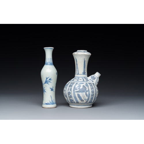 742 - A Chinese blue and white kendi and a small vase, Hatcher Cargo, Transitional periodH.: 14 cm (the ta... 