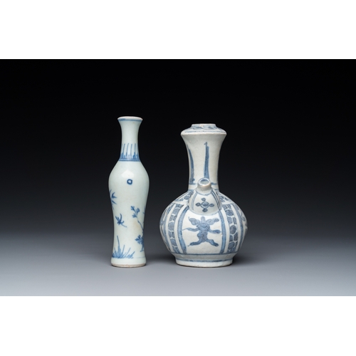 742 - A Chinese blue and white kendi and a small vase, Hatcher Cargo, Transitional periodH.: 14 cm (the ta... 