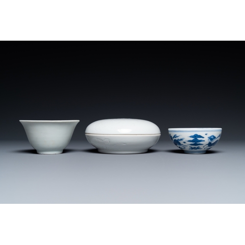 748 - A Chinese white-glazed bowl, a small blue and white bowl and a covered box with incised design, Ming... 