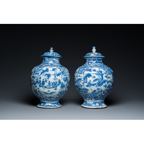 750 - A pair of Chinese blue and white vases and covers with figurative design, MingH.: 41,5 cm (the talle... 