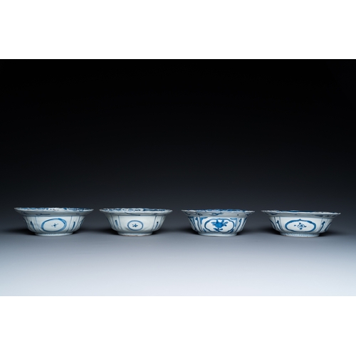 756 - Four Chinese blue and white kraak porcelain klapmuts bowls, WanliDia.: 15 cm - H.: 4,5 cm... 