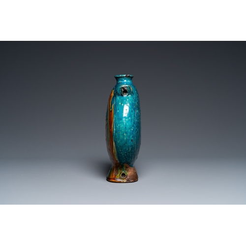 785 - A Chinese fahua 'moonflask' with applied lotus design, MingH.: 20,5 cm
 
 Condition: (UV-checked)- T... 