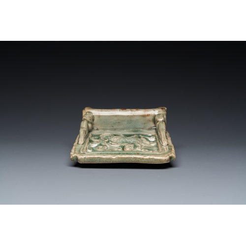 792 - A small Chinese Longquan celadon table screen, MingH.: 18 cm - L.: 13 cm
 
 Provenance:- A Belgian p... 