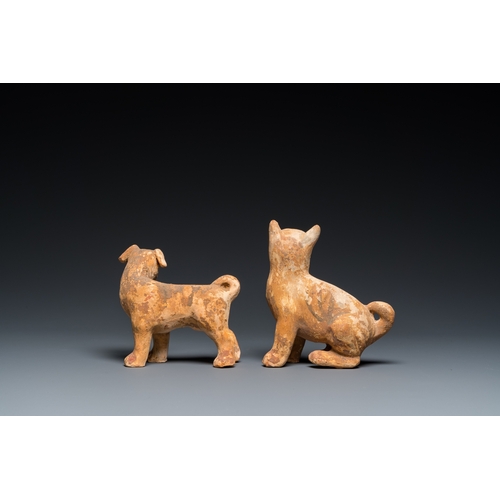 800 - Two Chinese 'mingqi' painted pottery models of dogs, HanH.: 14 cm - L.: 14 cm (the tallest)... 