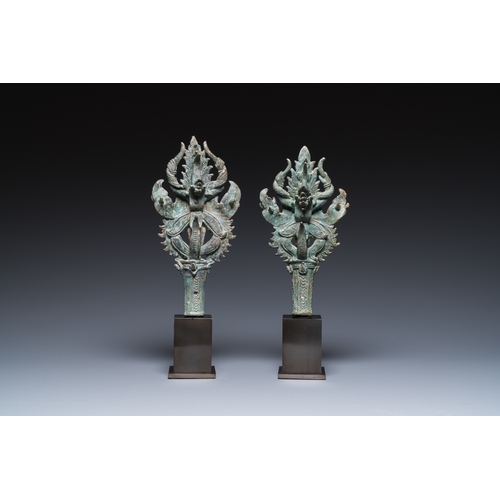 828 - A pair of Khmer bronze ornaments showing dancing Apsaras in Bayon-style, Cambodia, Angkor period, 13... 