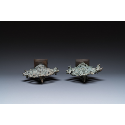 828 - A pair of Khmer bronze ornaments showing dancing Apsaras in Bayon-style, Cambodia, Angkor period, 13... 