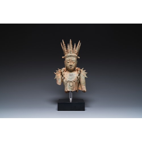 837 - A Burmese bronze crowned Buddha, probably Hariphunchai period, 12/13th C.H.: 48 cm (incl. stand) H.:... 